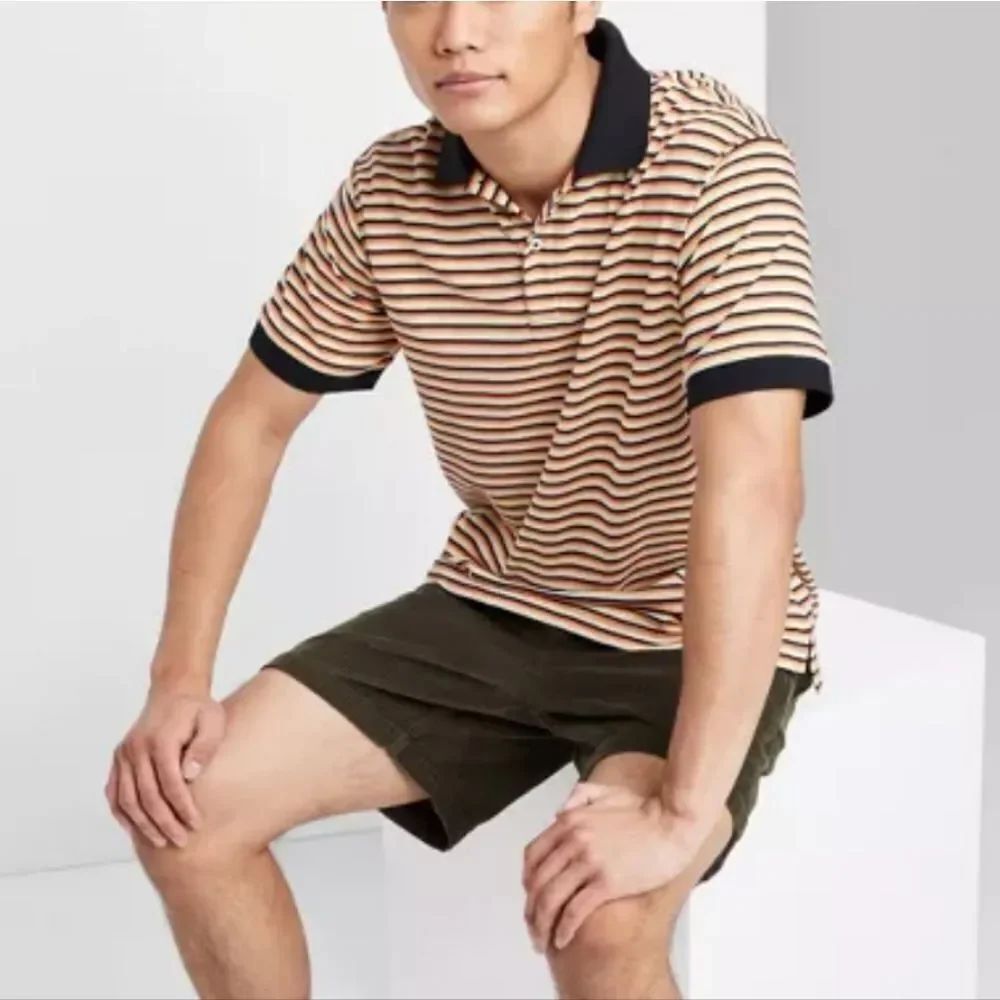 🆕️👕Original Use Striped Short Sleeve Collared Polo Shirt - L, Orange/Black